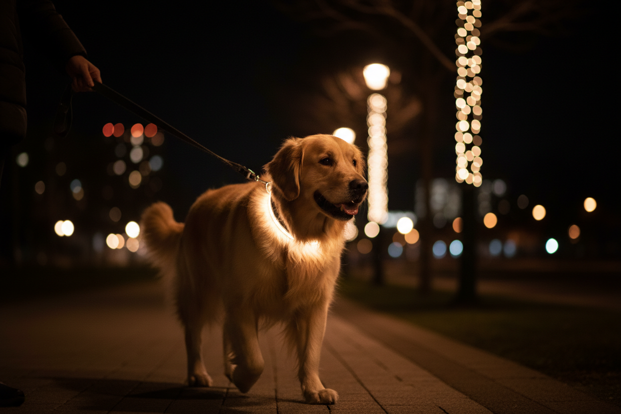 Chien avec collier lumineux la nuit