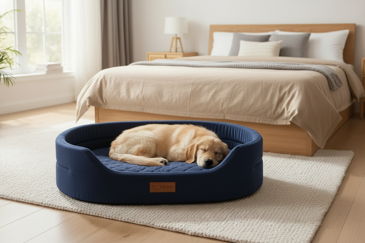Coussin pour chien bleu marine – golden retriever dans une chambre cosy